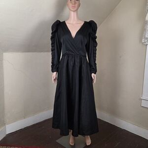 Victor Costa Black Midi Dress Puff Sleeve V Neck Ruched Sleeve Pocketed M